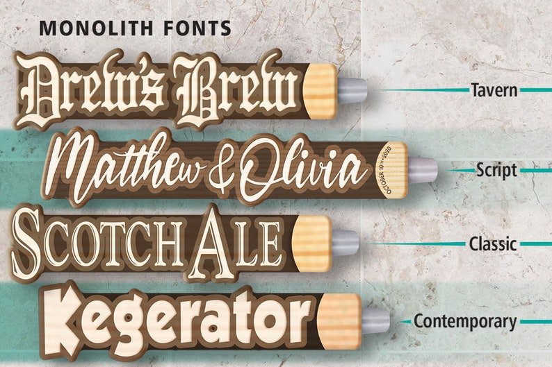 May include: Four wooden signs with different font styles and text. The signs are labeled "Tavern", "Script", "Classic", and "Contemporary".