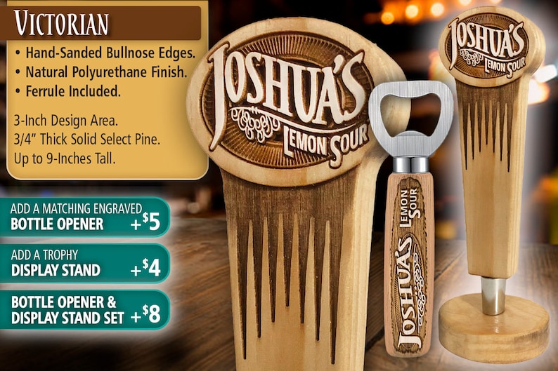 May include: A wooden bottle opener with a brown wooden handle and a silver bottle opener. The handle is engraved with the text "Joshua's Lemon Sour". The bottle opener is on a wooden base. The bottle opener is 9 inches tall.