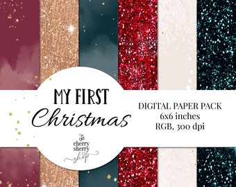 My First Christmas Digital Paper Pack, Mini Christmas Digital Papers, Christmas Patterns, Glitter Christmas Papers