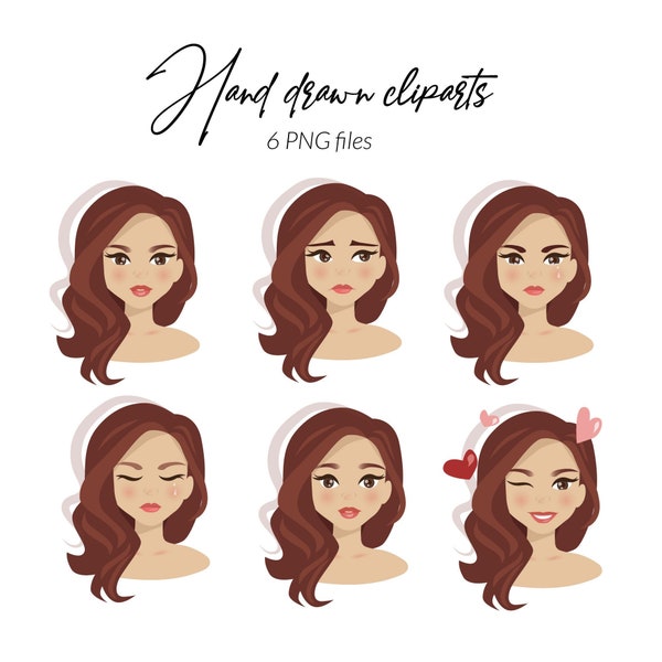 Clipart féminin dessiné à la main, Clipart féminin aux cheveux bruns, Avatars dessinés à la main, Dessins animés d’expression faciale, Illustrations de suivi, PMU, Sourcils