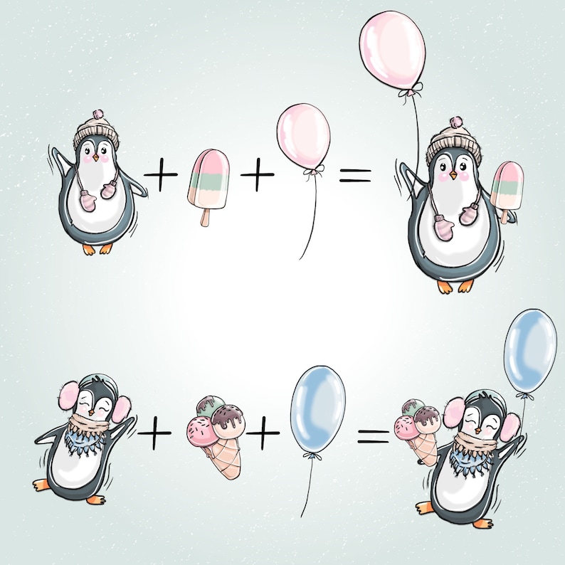 Cute Penguin Clip Arts, Hand Painted Illustration, Ice Cream Clip Art