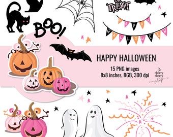Cute Halloween Clipart, Pink Halloween Clipart, Pink Pumpkin Clip Art, Hand-drawn ghost and bats, Party Decor, Cute Illustrations, Halloween