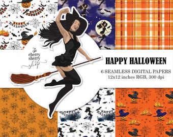 Cute Halloween Digital Paper, Halloween Seamless Patterns, hand-drawn clipart, witch illustration, digital scrapbook paper, Happy Halloween