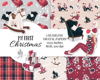 Mom and Baby Christmas Digital Paper,Christmas Digital Papers, Christmas Seamless Patterns, Christmas Illustration, Xmas Paper Pack, Sticker