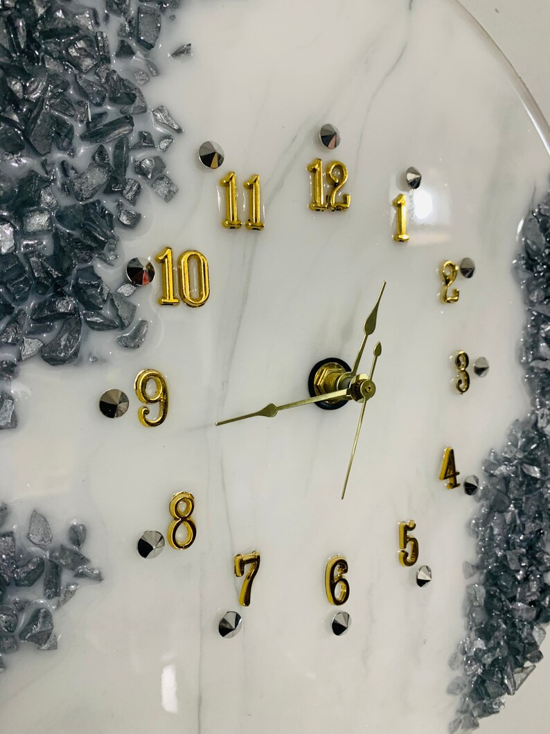 Beautiful 12\u201d White and Silver Geode Inspired Resin Wall Clock with Rocks.