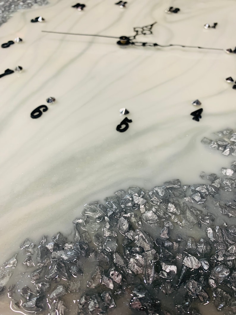 Beautiful 12\u201d White and Silver Geode Inspired Resin Wall Clock with Rocks.