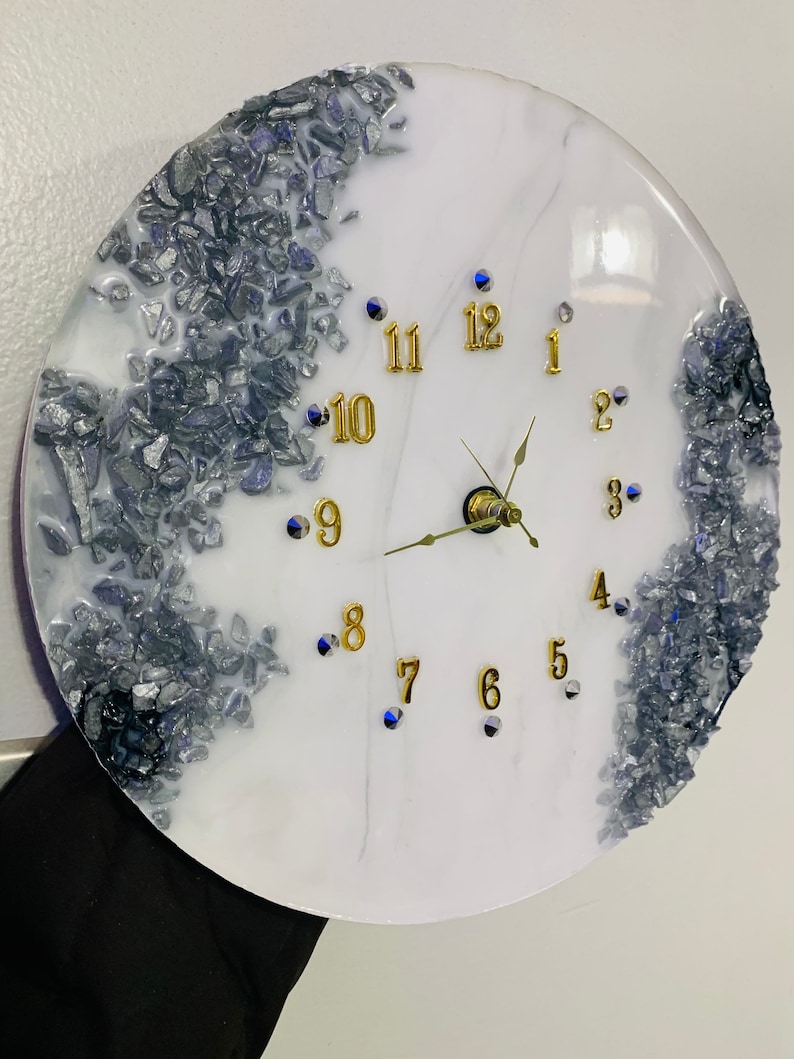 Beautiful 12\u201d White and Silver Geode Inspired Resin Wall Clock with Rocks.