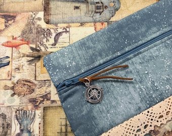 Borsa per progetti di patchwork nautico a punto croce e ricamo, pochette trapuntata con cerniera ispirata all'oceano, stile vintage