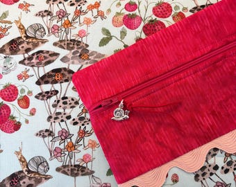 Strawberry Meadow Cross Stitch Project Bag, Ready to Ship, Snail & Mushroom Quilted Zipper Pouch, Cottage Garden, Handmade