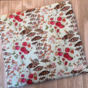 Pu&ograve; includere: Un tessuto azzurro con un motivo stravagante di fragole e funghi. Il design presenta fragole rosse, funghi marroni, lumache e piccoli fiori. Il tessuto ha un'etichetta che dice "made with love by Painted Leaf Co."