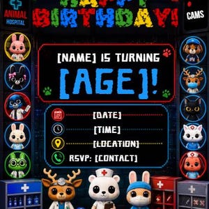 Peut inclure: Un modèle d'invitation d'anniversaire numérique sur le thème de l'hôpital avec du texte pixelisé coloré indiquant HAPPY BIRTHDAY, [NAME] IS TURNING [AGE]!, et des espaces pour la date, l'heure, le lieu et le contact, entouré de personnages animaux.