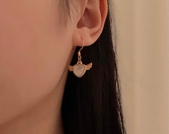 Heart angel wing "Love" real gold plated French hook earrings, heart earrings, angel earrings, gift for her, gift for girlfriend, trendy