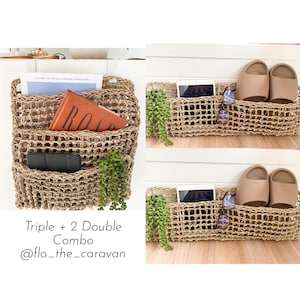 May include: Two woven wall organisers with three compartments each. The top organiser has a book, a tablet, and sunglasses. The bottom organiser has a tablet, sunglasses, and two pairs of brown slippers. The text "Triple + 2 Double Combo @flo_the_caravan" is below the organisers.