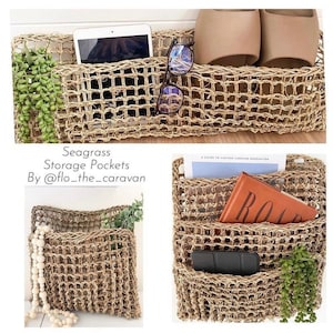 May include: Three seagrass storage pockets, each containing a different item. The top pocket holds a tablet, the middle pocket a book, and the bottom pocket a phone. The pockets are all made from natural seagrass and have a woven texture.