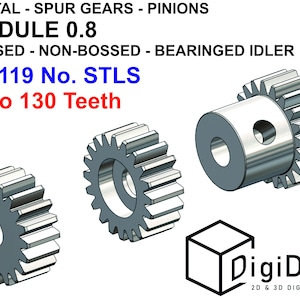 Puede incluir: Tres engranajes rectos impresos en 3D con 12 a 130 dientes. Los engranajes son de metal y tienen un módulo de 0,8. Los engranajes están disponibles en estilos con brida, sin brida y con rodillo de apoyo. DigiDigm 2D & 3D DIGITAL ASSETS
