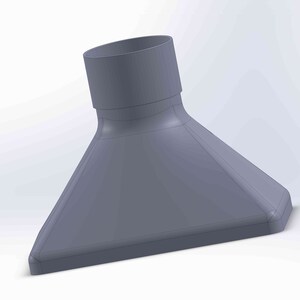 Könnte beinhalten: Ein grauer Plastik-Trichter mit einer breiten Basis und einer schmalen Öffnung oben. Der Trichter ist nach rechts geneigt.