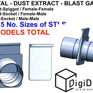 Puede incluir: Un modelo 3D de una compuerta de explosión de extracción de polvo con una abertura redonda. La compuerta está hecha de metal y tiene una forma rectangular. El texto "DIGITAL - DUST EXTRACT - BLAST GATES" está en la parte superior de la imagen. El texto "Spiggot-Spiggot / Female-Female" está debajo de la primera línea de texto. El texto "Spiggot-Socket / Female-Male" está debajo de la segunda línea de texto. El texto "Socket-Socket / Male-Male" está debajo de la tercera línea de texto. El texto "3 x 15 No. Sizes of ST'S" está debajo de la cuarta línea de texto. El texto "45 MODELS TOTAL" está debajo de la quinta línea de texto. El texto "DigiDigm" está en la parte inferior de la imagen. El texto "2D & 3D DIGITAL ASSETS" está debajo de la sexta línea de texto.