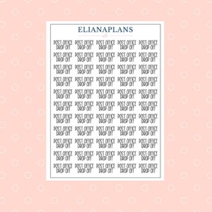 Könnte beinhalten: Ein Blatt bedruckbarer Planer-Aufkleber mit dem Text "Post Office Drop Off", der mehrmals in einem Rastermuster wiederholt wird. Die Aufkleber sind für die Verwendung in einem Planer oder Tagebuch gedacht.