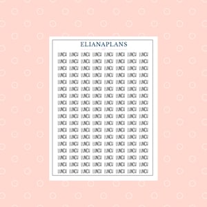 Może przedstawiać: Biała arkusz naklejek z powtarzającym się słowem "LUNCH". Arkusz naklejek ma u góry napis "ELIANAPLANS". Tło jest w kolorze jasnoróżowym z białymi kropkami.