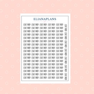May include: A sheet of stickers with the text "LSAT PREP" repeated multiple times in black text on a white background. The stickers are designed for use in a planner or journal.