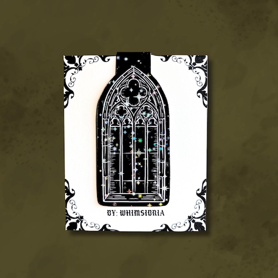 Gothic window magnetic bookmark, cathedral window bookmark, holographic goth bookmark, medieval bookmark, dark academia bookmark