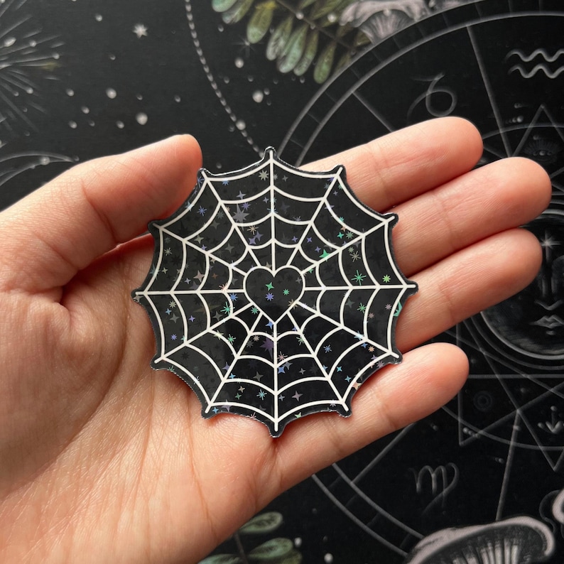 Goth spider web sticker, spider sticker, spooky stickers, boo basket stickers, holographic goth sticker, halloween sticker image 1