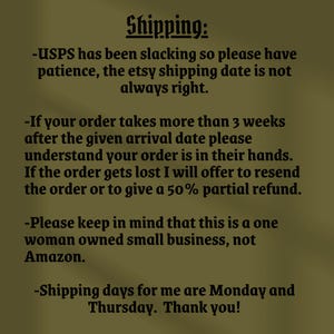 May include: Text on a tan background reads "Shipping:" followed by several bullet points. The text discusses shipping delays, lost orders, and the business being a small, one-woman operation. Shipping days are listed as Monday and Thursday.