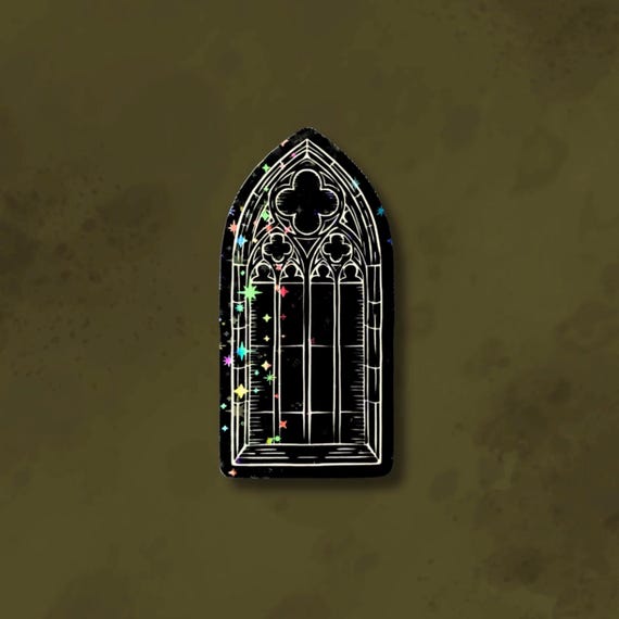 Gothic window sticker, cathedral window sticker, kindle sticker, holographic goth sticker, dark aesthetic sticker, dark academia sticker