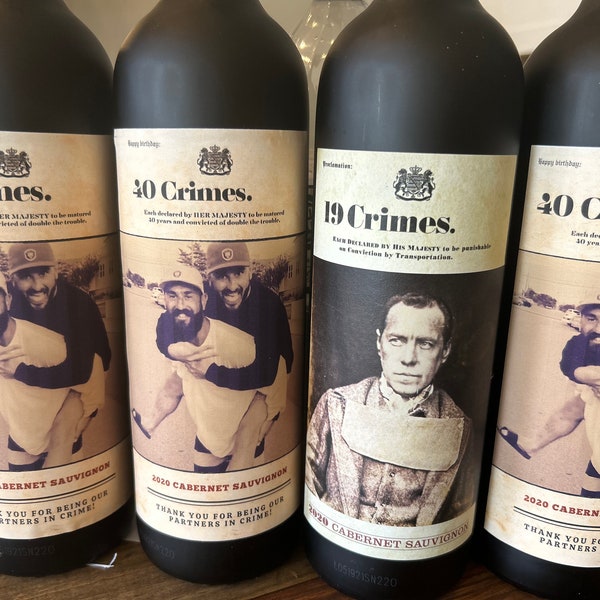 Waterproof 19 Crimes Wine Label, Personalized for birthday