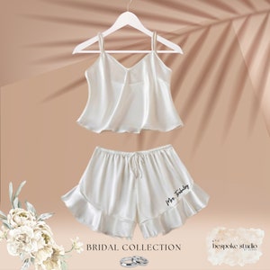 Bridal ruffle satin pajamas set with customizable last name