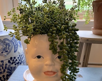 Head Planter with Saucer | Face Planter | Vase - 5.5" tall, 6" diameter