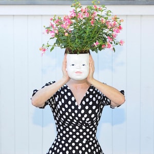 Head Ceramic Face Planter | Planter with Drainage and Saucer | Planters and Pots | Cute Planter | Ceramic Flower Pots | Planter