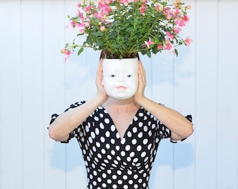 Head Ceramic Face Planter | Planter with Drainage and Saucer | Planters and Pots | Cute Planter | Ceramic Flower Pots | Planter