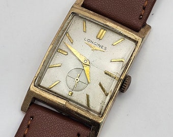 Eine wunderschöne Vintage-Herrenarmbanduhr von Longines mit 10-Karat-Goldfüllung und Sekundenzifferblatt, läuft, neues braunes Lederarmband, läuft großartig