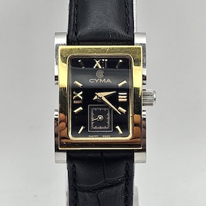 Vintage Amazing Swiss Cyma Le Lcole Ladies two tone gold/silver tank watch- Roman numerals subseconds black dial, new battery, gift for her
