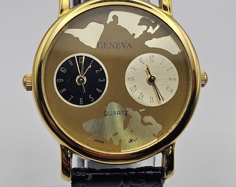 A rare Vintage Genev Watch, dual time, World map dial, Gold Tone, New Battery, new leather strap, Running, Gift for him/her