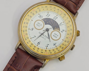 Vintage Carlton Moonphase Lunar Perpetual Calendar Moon Phase Watch  Leather Strap