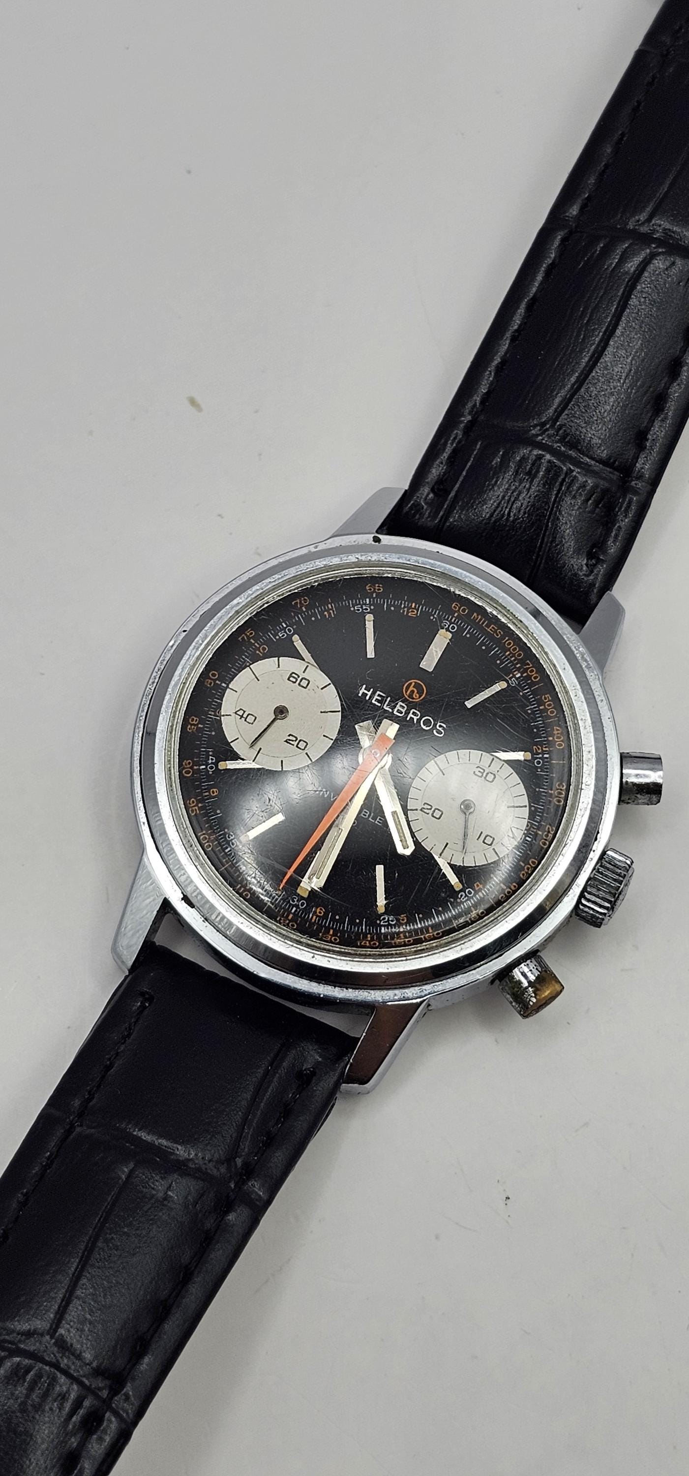 Vintage Helbros Invincible Silver Panda Chronograph Wrist Watch