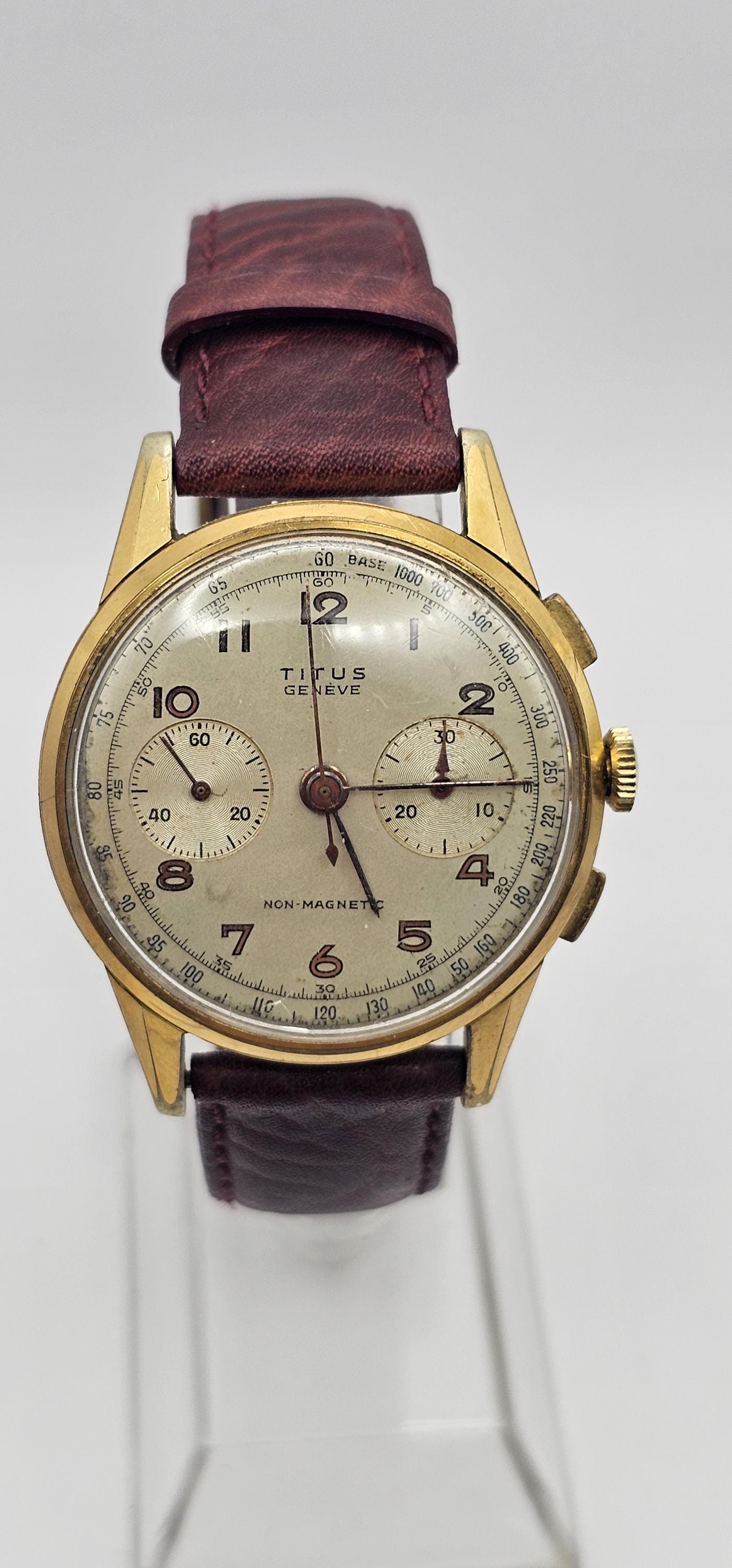 Vintage 37MM Titus Geneve Chronograph AntiMagnetic, 2 Registers Telemetre Swiss Made Watch, manual wind, running, Gift for him