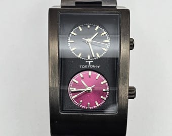 TokyoBoy mens Watch, dual time, tank case, Black Tone stainless steel strap, New Battery, Running, Gift for him