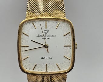 Beautiful Vintage Jules Jurgensen tank dress watch,unisex, gold tone, stainless steel mesh bracelet, new battery, gift for her/him