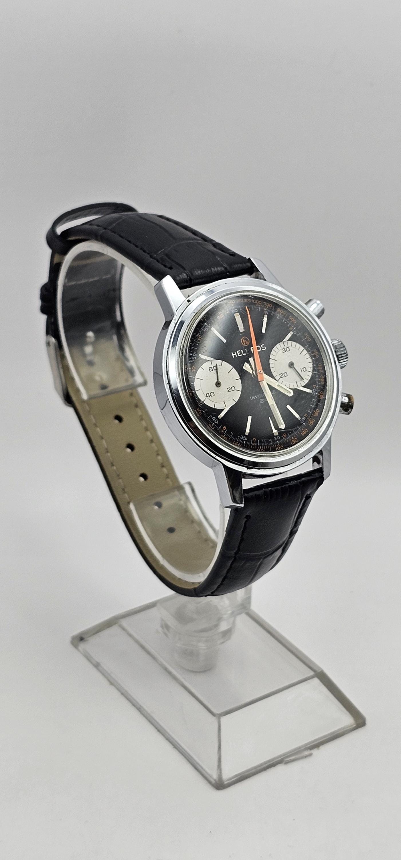 Vintage Helbros Invincible Silver Panda Chronograph Wrist Watch