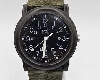 Vintage Timex Military Style Field Watch Black Dial Green NATO Strap Quartz Running, new battery, Gift for him/her