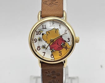 Reloj vintage Disney Winnie The Pooh de Timex, analógico, correa de piel, batería nueva, para correr, regalo para ella.