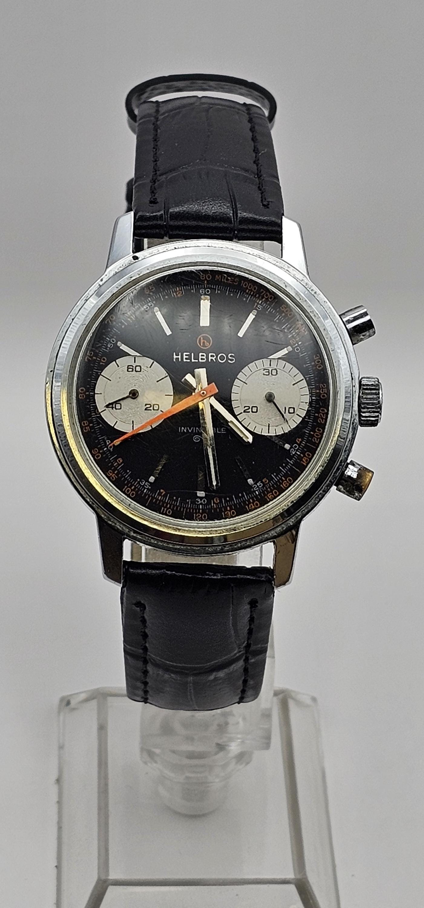 Vintage Helbros Invincible Silver Panda Chronograph Wrist Watch