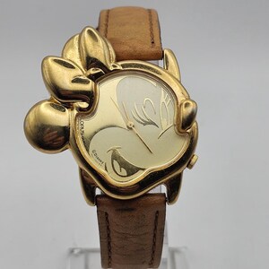 Vintage Women’s Disney Seiko Minnie Mouse Watch With Gold Face and Leather Band Vintage Gold Coin Minnie Mouse Watch with Brown Strap SII by  main image 3