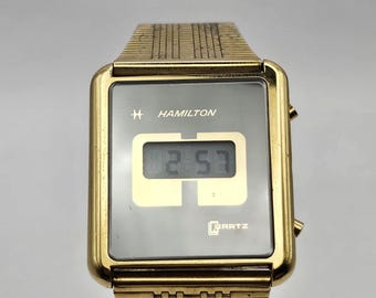 Ultrazeldzaam vintage Hamilton digitaal lcd-horloge, 880001-4, vergulde kast, jaren 1970, vintage, werken, cadeau voor hem