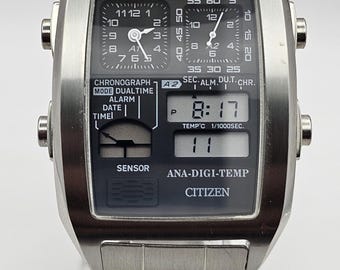 Relógio Citizen Ana/Digi TEMP Chrono-Alarm Vintage Raro, Original do Japão, Pulseira Original em Aço Inoxidável, Ref. 8988, Bateria Nova, Presente