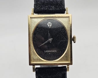 Amazing 11970s Vintage Longines Tank Watch,Black start Dial, One Diamond, 10K gold filled, art deco, Manual wind, Running, Gift for her/him