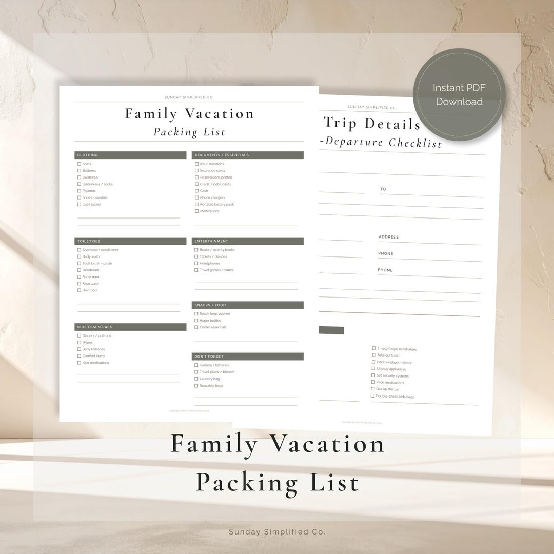 Family Vacation Packing List Printable | Trip Planner and Travel ...